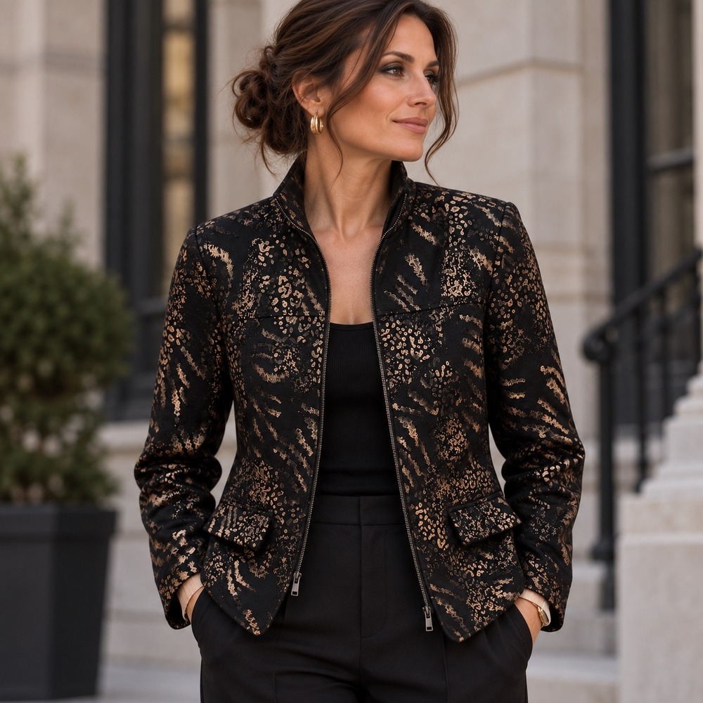 Fall Animal Print Jacket Sz 12 Black Bronze Metallic Zip Mock Neck Leopard Tiger